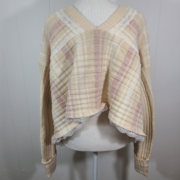 POL Chunky Knit Sweater Lace Stripe Rib Sharkbite High Low V Neck Boxy Oversized - Picture 7 of 12